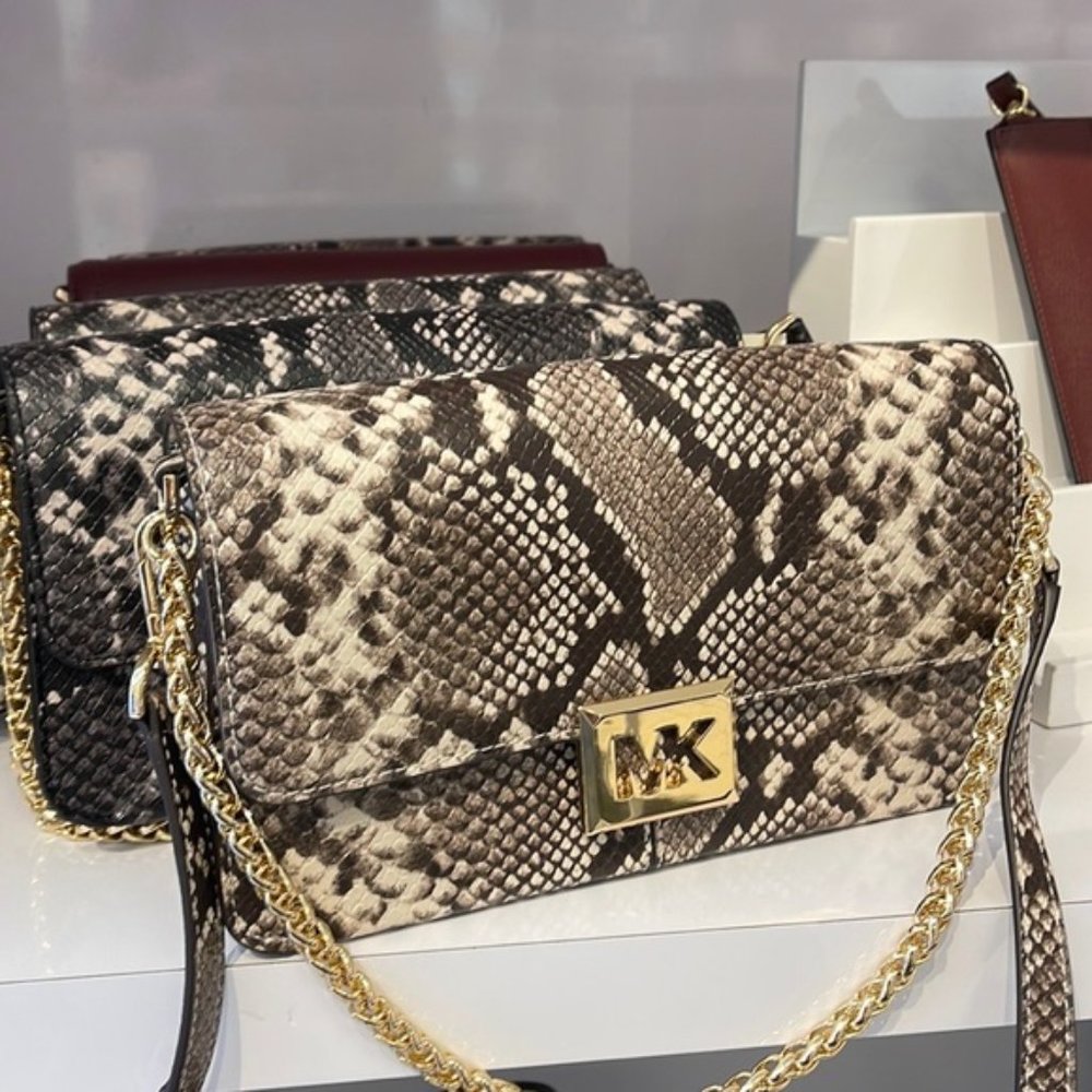 Michael Kors Sonia Medium Snake Embossed Shoulder Bag Natural - Picture 16 of 16